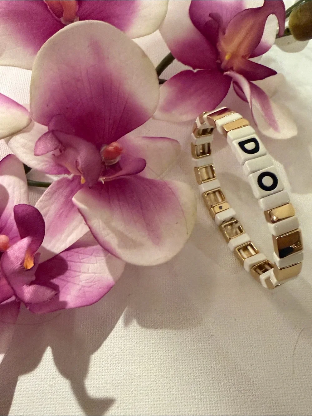 Roxanne Assoulin Gold Plated And White 'DO' Tile Stretch Bracelet NEW AUTHENTIC